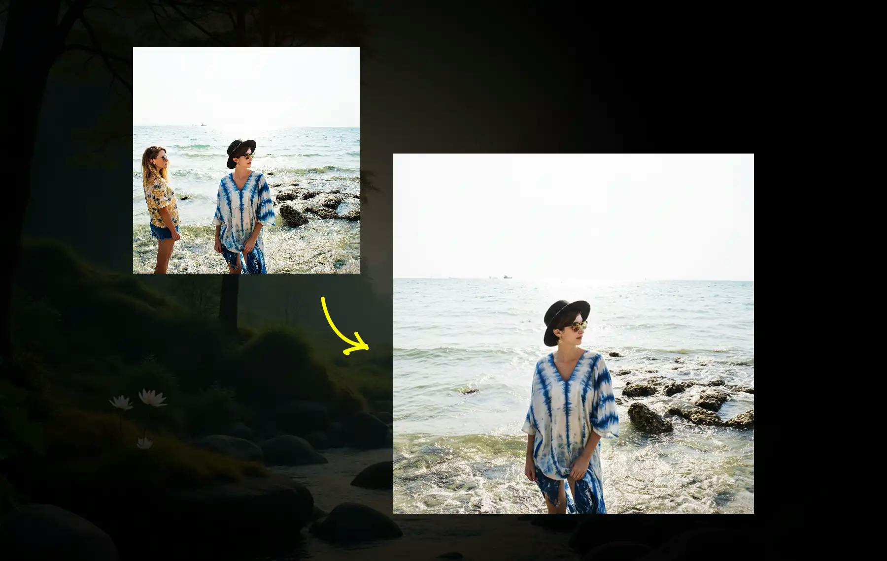 before and after comparison of a beach photo crop focusing on a single person
