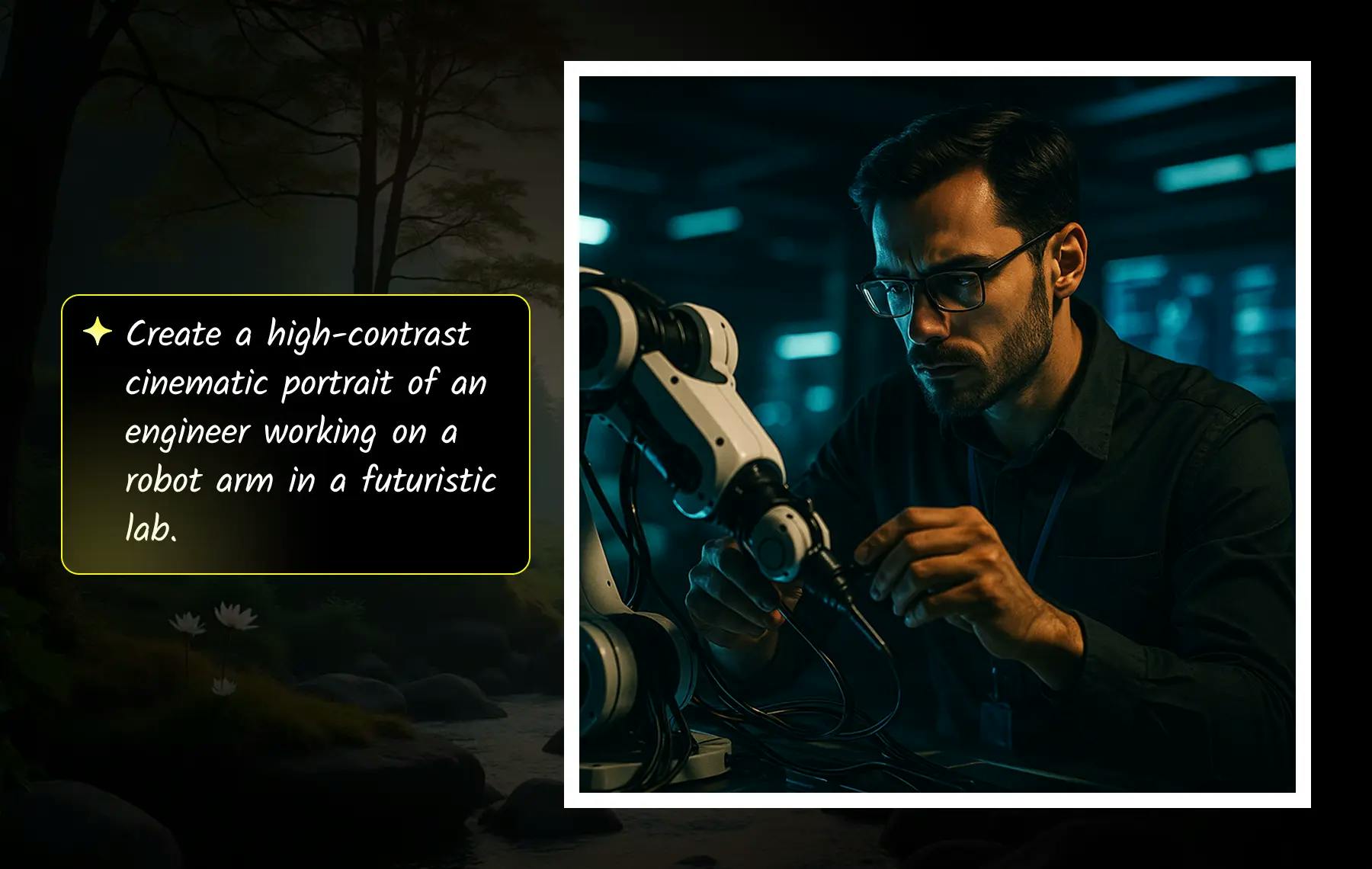 A focused engineer adjusting a robot arm in a futuristic lab, shown in a cinematic high-contrast style created using Nano Banana.