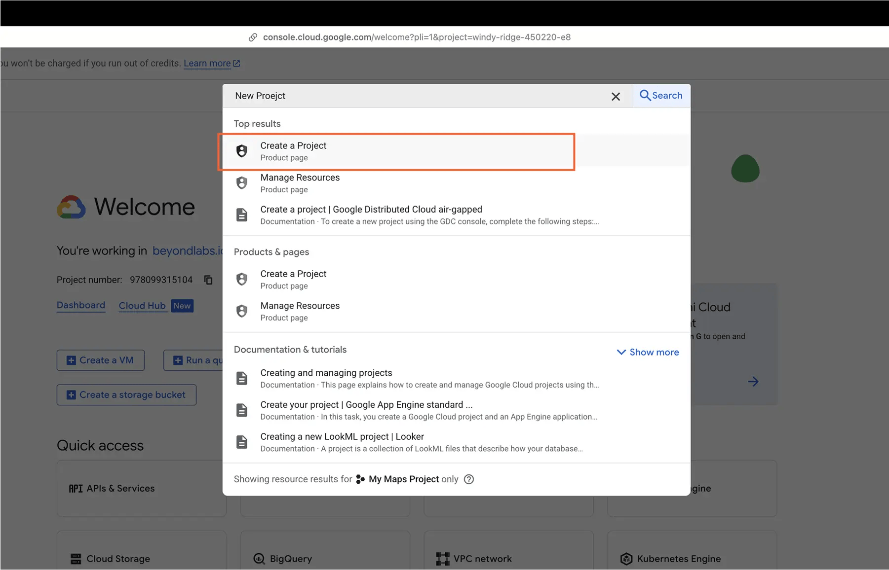 Google Cloud Console interface showing the option to create a new project.