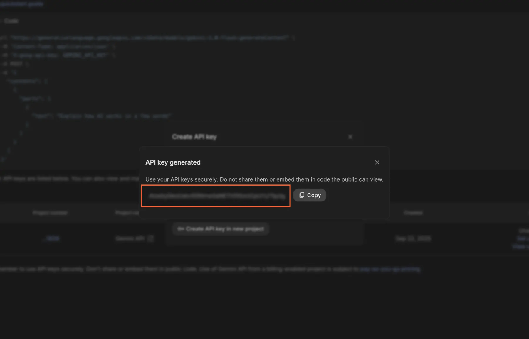 api key generated popup with copy button on google vertex ai platform