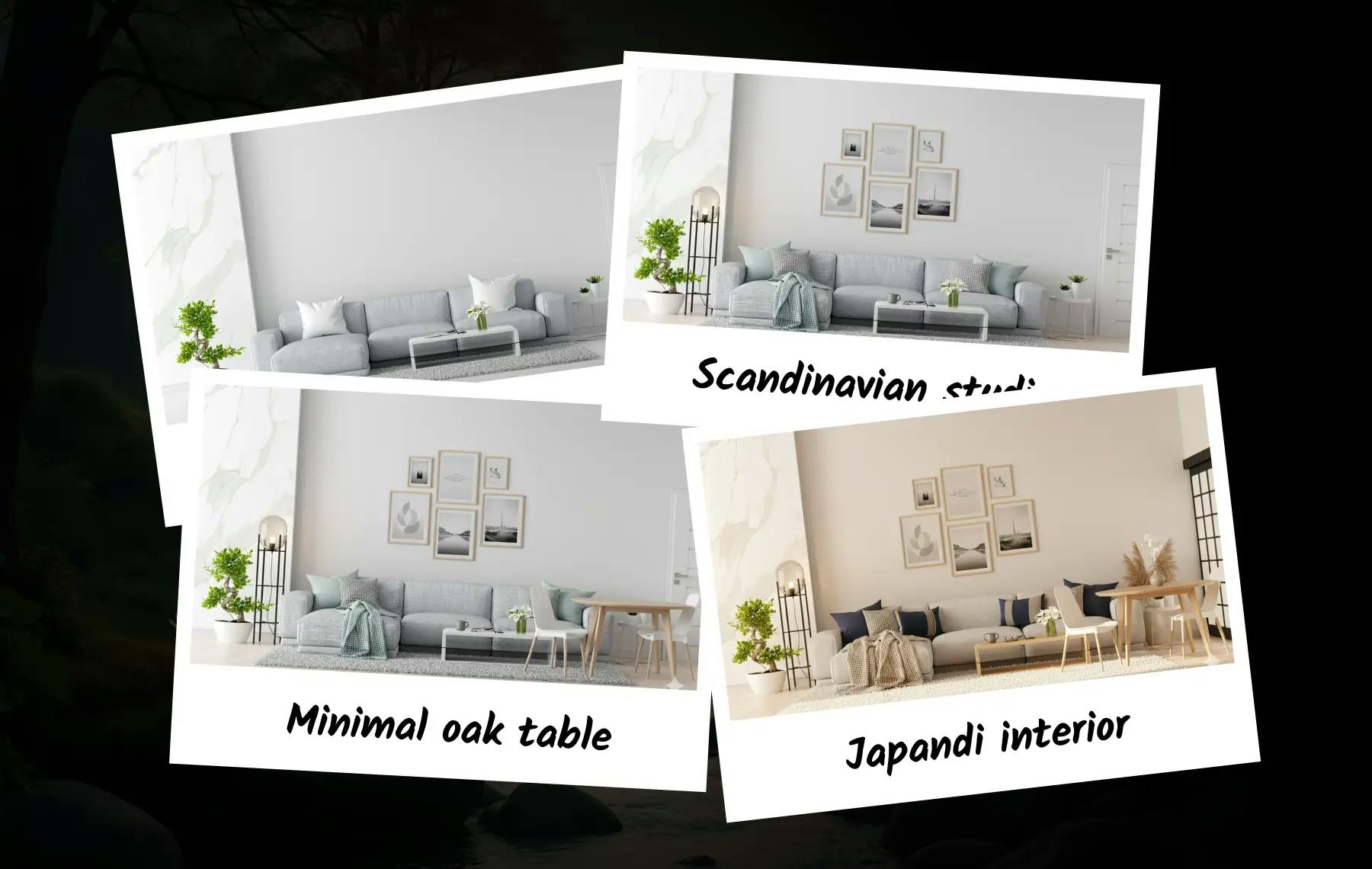 Nano Banana AI interior tool transforms a plain living room into Scandinavian, minimal oak, and Japandi interiors with realistic furniture, warm lighting, and perfectly balanced modern decor.