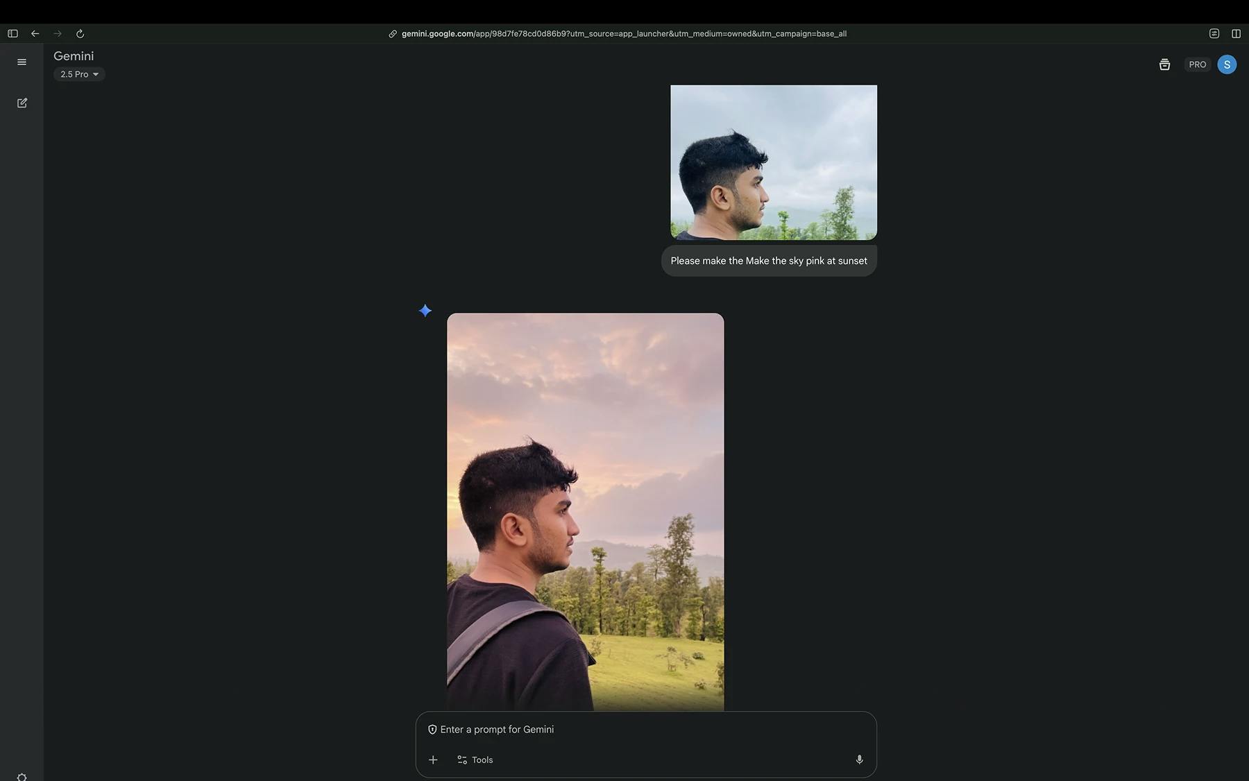 A screenshot showing the Nano Banana image editing feature within Gemini 2.5 Pro successfully changing the sky color in a profile photo to pink at sunset via a simple prompt.