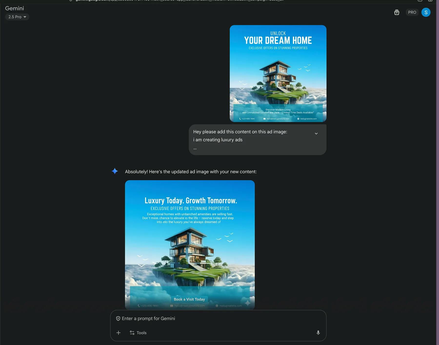 A screenshot showing Nano Banana within Gemini 2.5 Pro editing an ad, changing the text on a luxury real estate image from "Unlock Your Dream Home" to new, optimized marketing content.