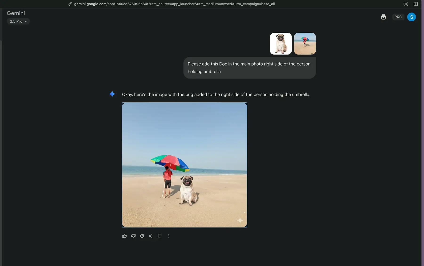 A screenshot from Nano Banana's Gemini 2.5 Pro showing a pug dog successfully added to the right side of a person holding a colorful umbrella on a beach, demonstrating AI image insertion.