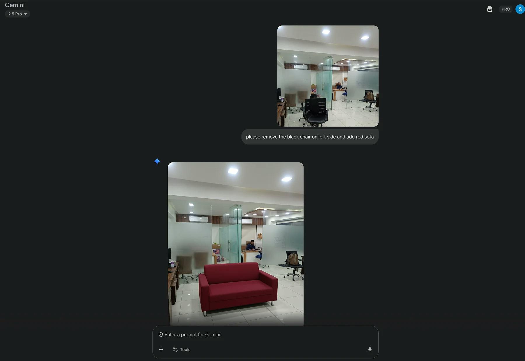 A screenshot from Nano Banana's Gemini 2.5 Pro shows an office image edited to remove a black chair and seamlessly insert a red sofa on the left side, demonstrating advanced AI object manipulation.