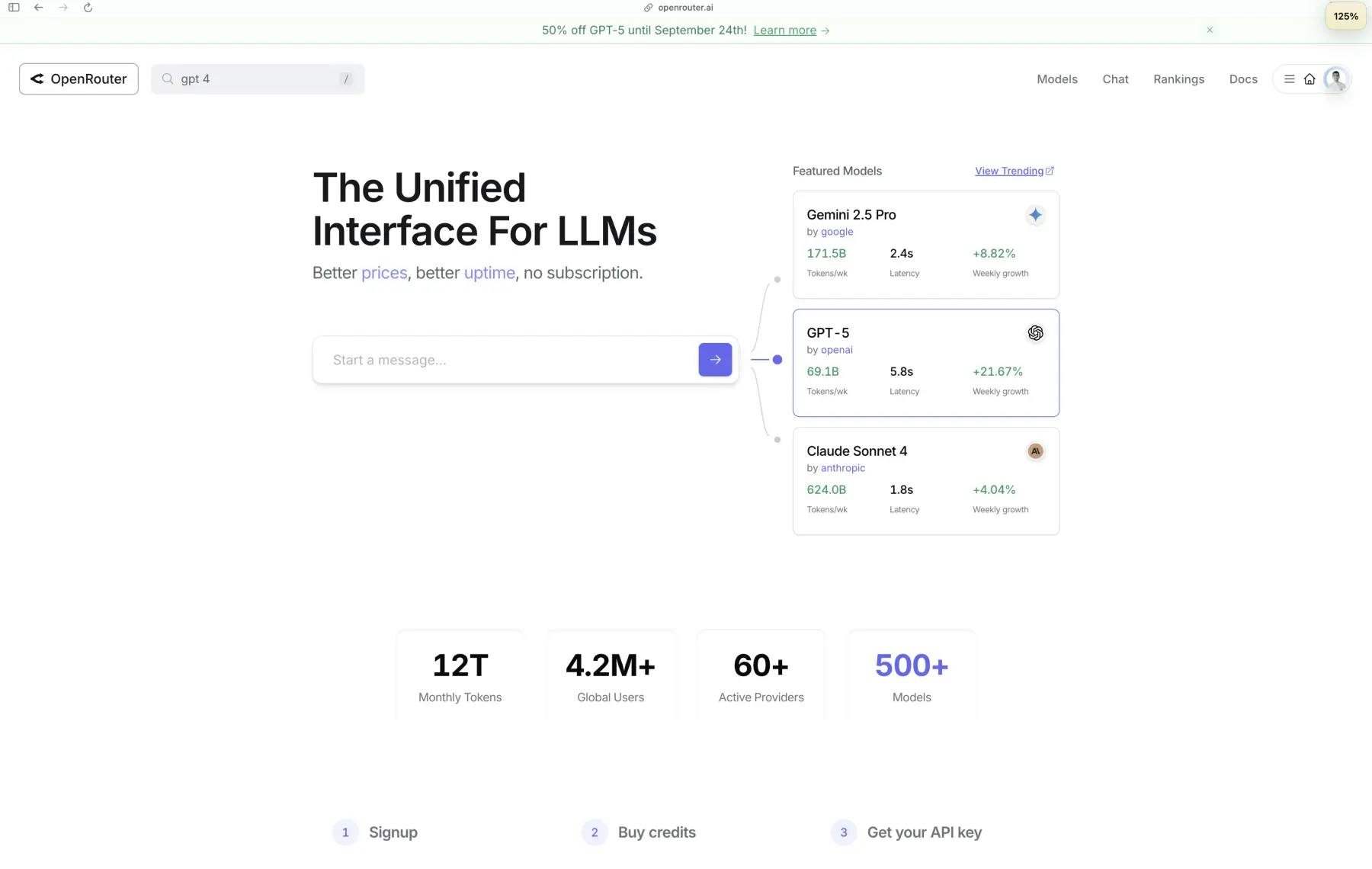 OpenRouter AI platform showcasing a unified interface for accessing top AI models like GPT-5 and Claude