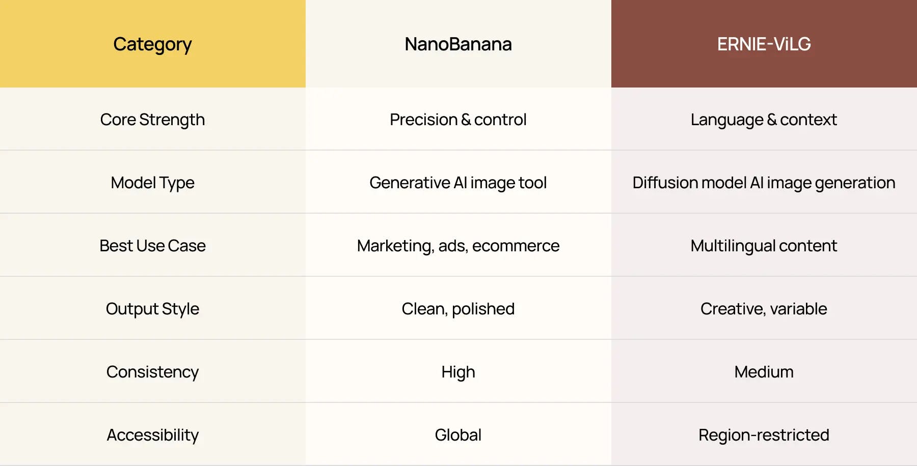 comparison table showing Nano Banana and ERNIE ViLG features including core strength model type use cases output style consistency and accessibility differences
