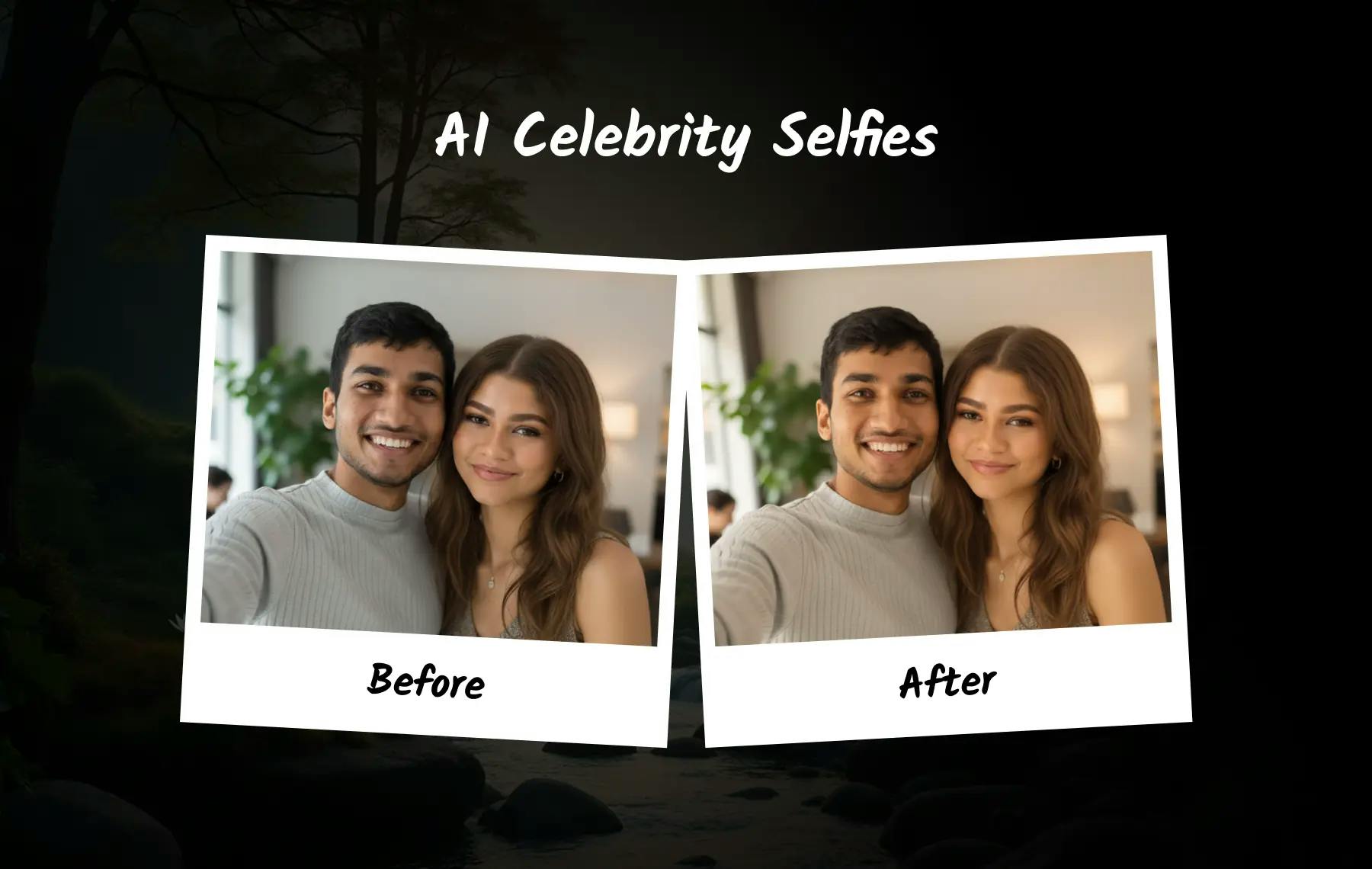 Nano Banana AI selfie generator enhances realism by adjusting golden lighting, shadows, and warmth for a natural iPhone-style celebrity selfie with soft tones and balanced illumination.
